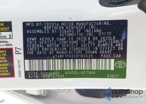 2012 Toyota Camry Xle from USA, damaged, VIN 4T4BF1FK2CR193420